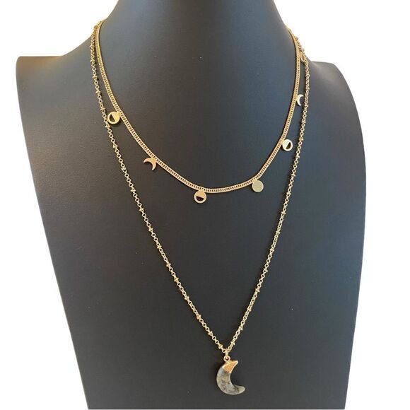 Celestial Layered Necklace in Matte Gold Tone. - Picture 2 of 5